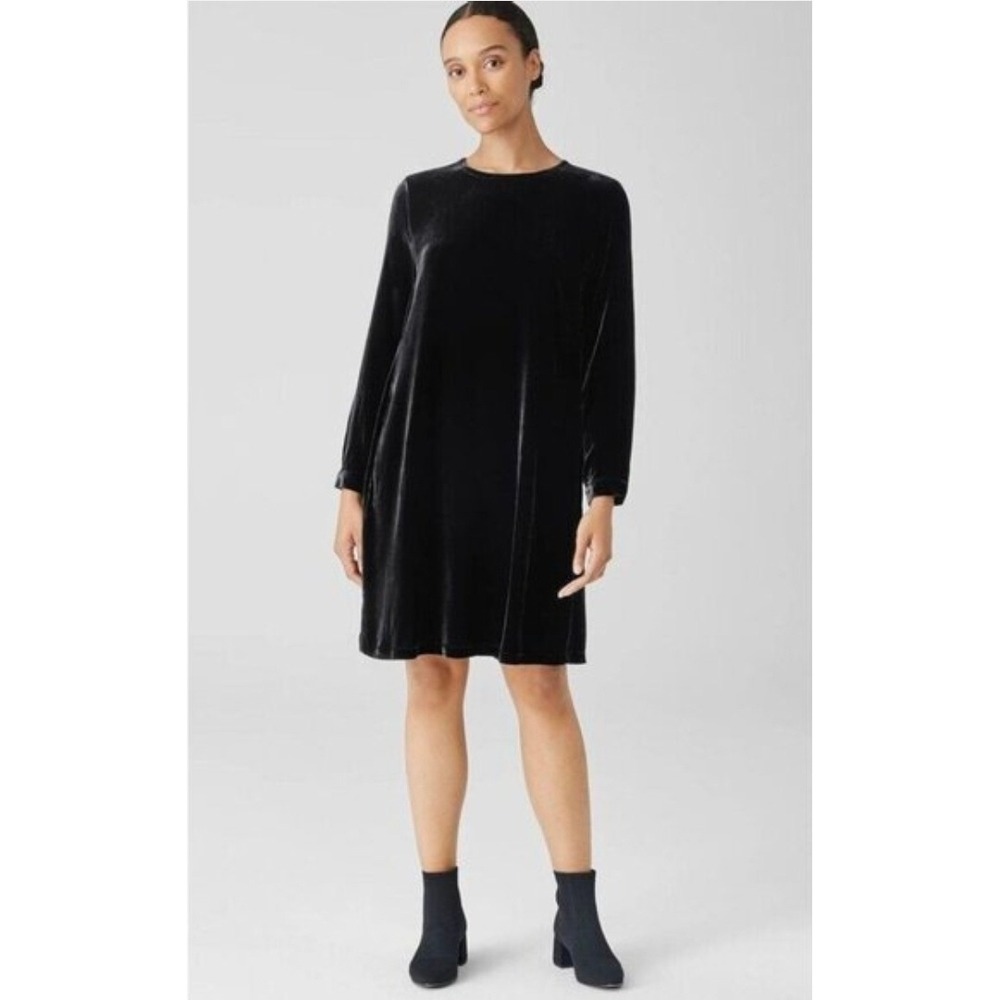 Eileen Fisher Black Silk Blend Velvet Shift Dress Long Sleeve Pockets Small